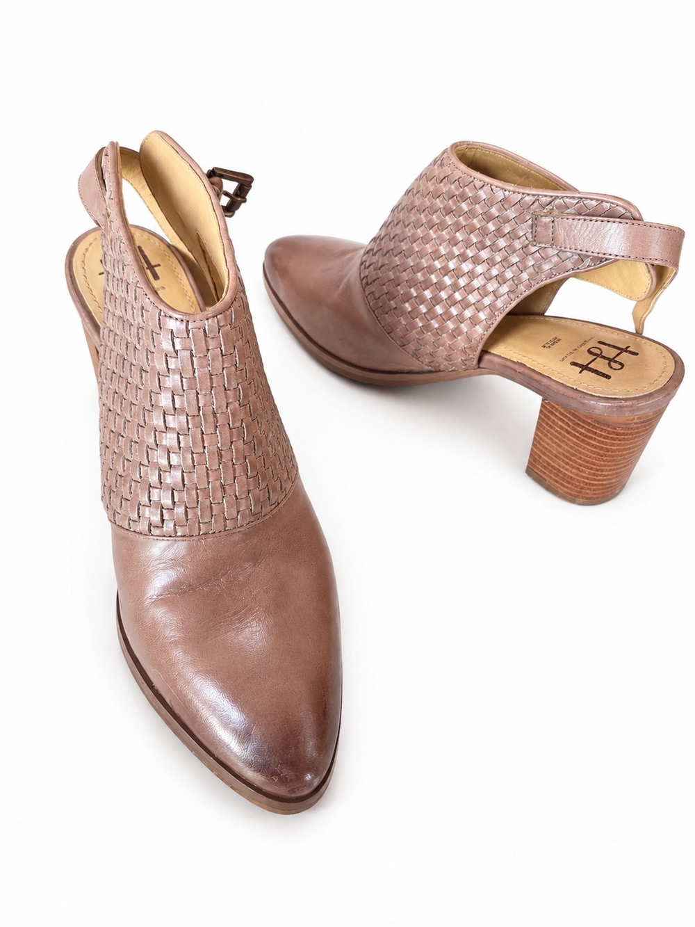 House of Harlow 1960 Woven Leather. Weathered Look And Slingback Stacked Heels - Picture 2 of 5